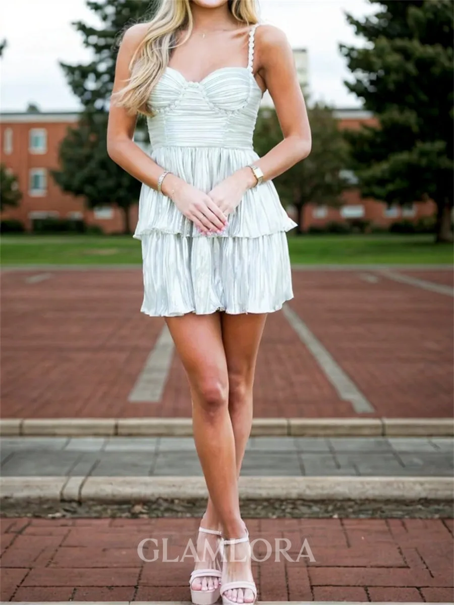 Glam A-line Sweetheart Ruffles Short/Mini Metallic Satin Corset Homecoming Dress