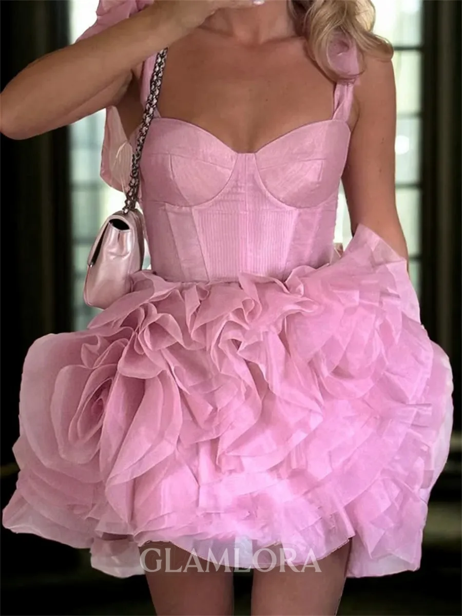 Glamorous A-line Straps Ruffles Short/Mini Tulle Corset Homecoming Dress