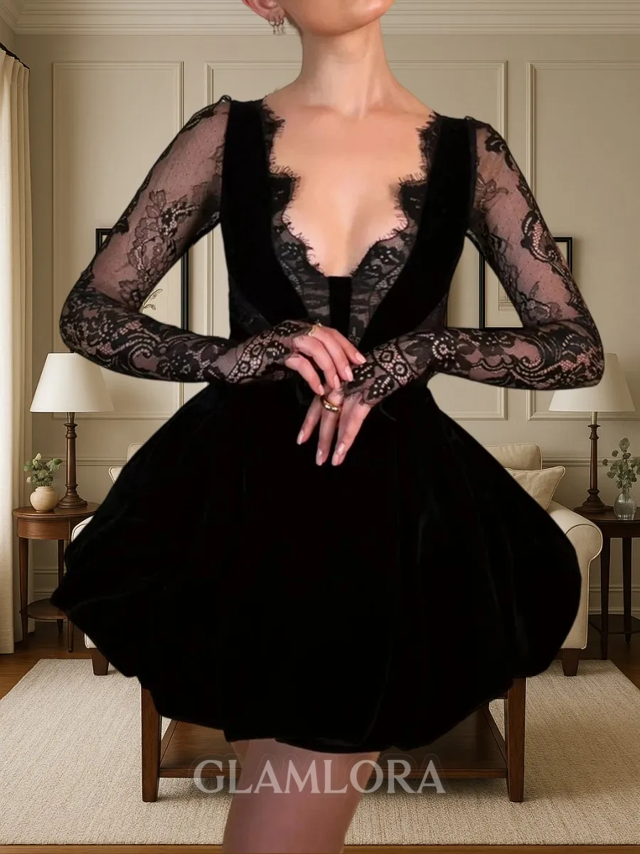 Aristocratic A-line V-Neck Long Sleeves Appliques Lace Short/Mini Stretch Crepe Homecoming Dress