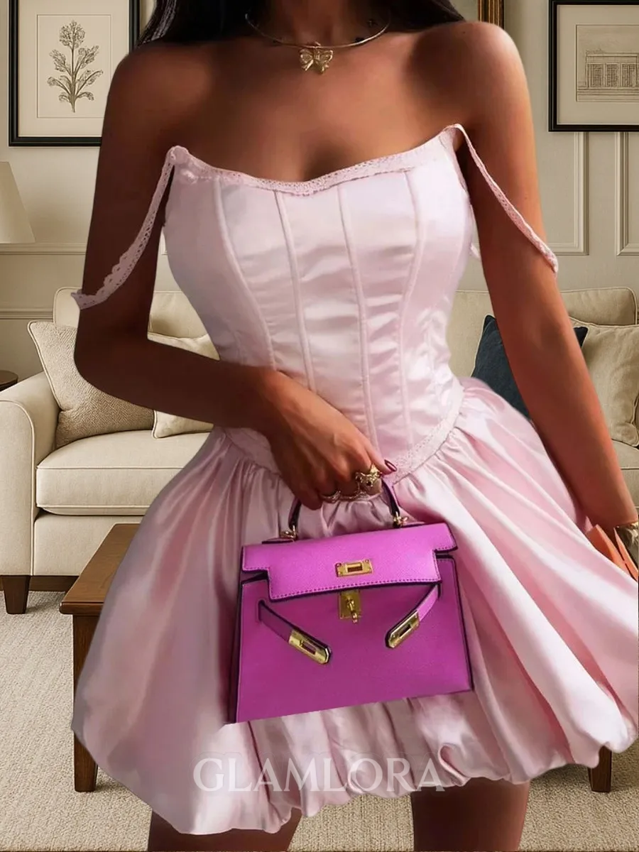 Splendiferous A-line Off-the-Shoulder Short/Mini Satin Corset Homecoming Dress