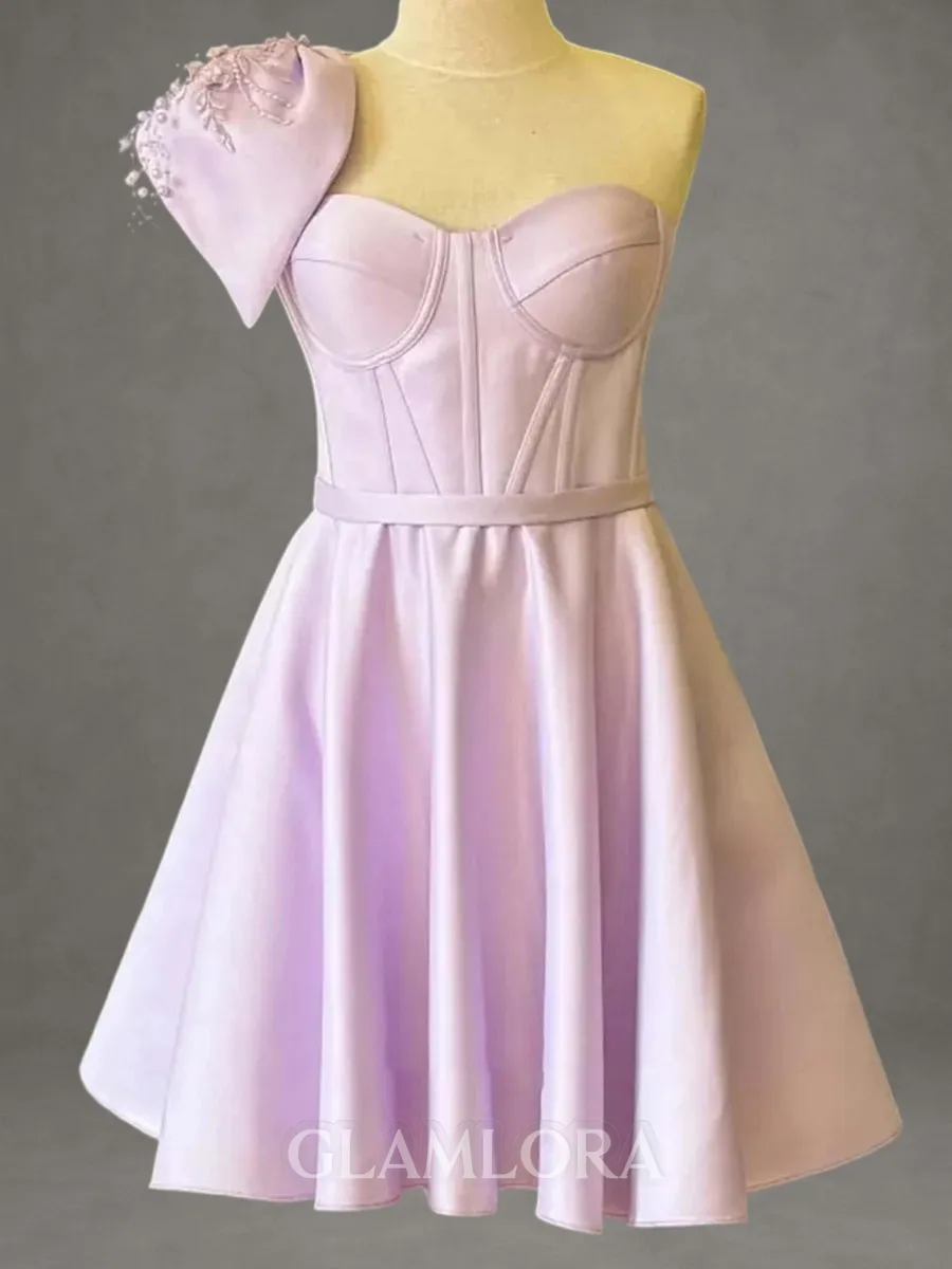 Stunning A-line One-Shoulder Beading Short/Mini Satin Corset Homecoming Dress