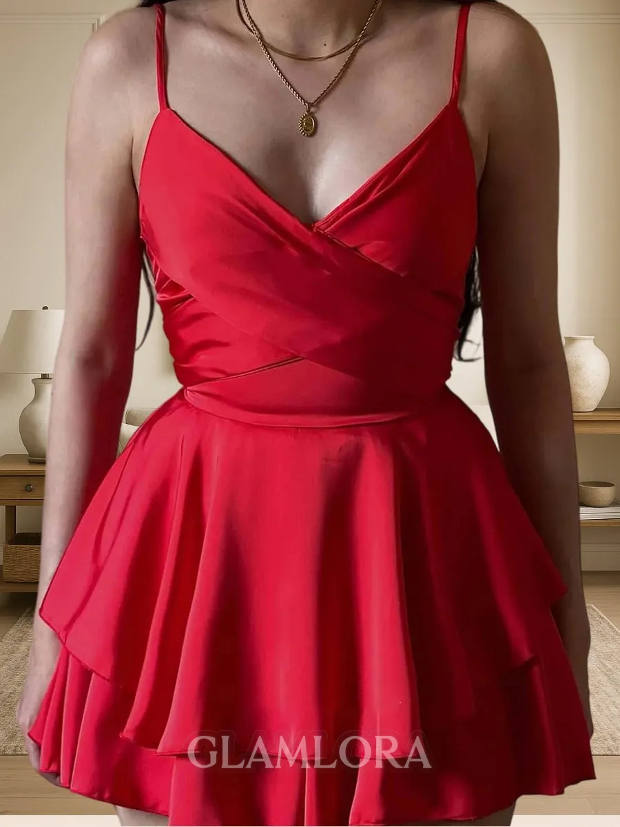 Classy A-line V-Neck Cascading Ruffles Short/Mini Silk Like Satin Corset Homecoming Dress