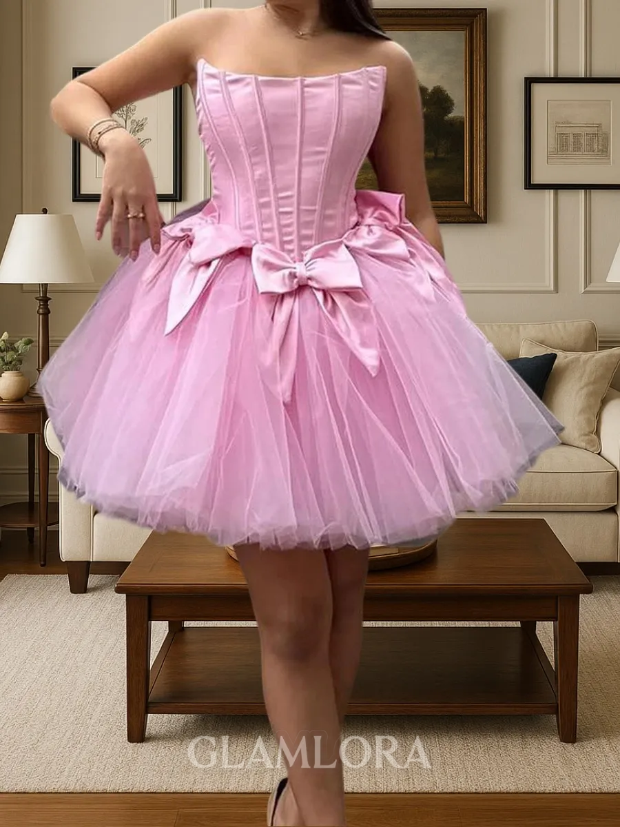 Hermosos Ball-Gown Straight Bow Short/Mini Tulle Corset Homecoming Dress