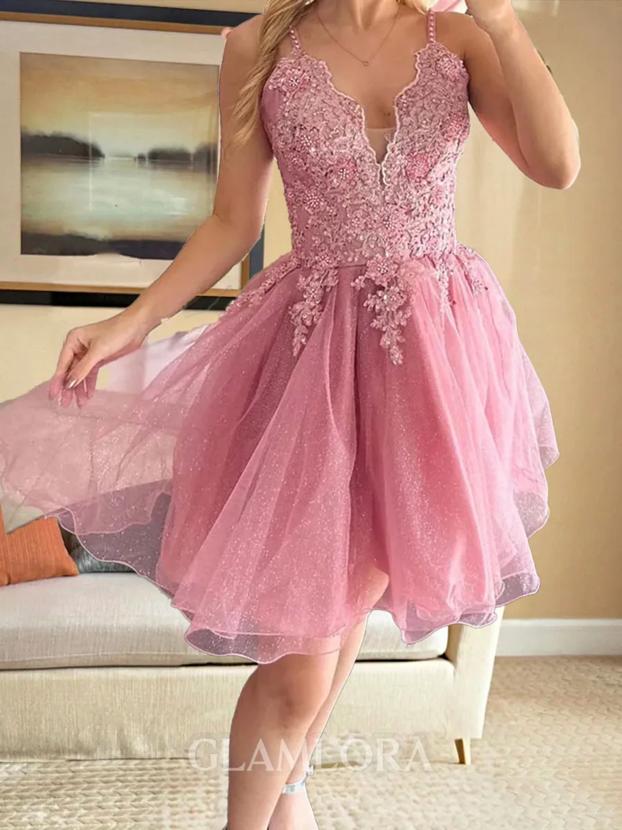 Splendiferous A-line V-Neck Appliques Lace Short/Mini Tulle Corset Homecoming Dress