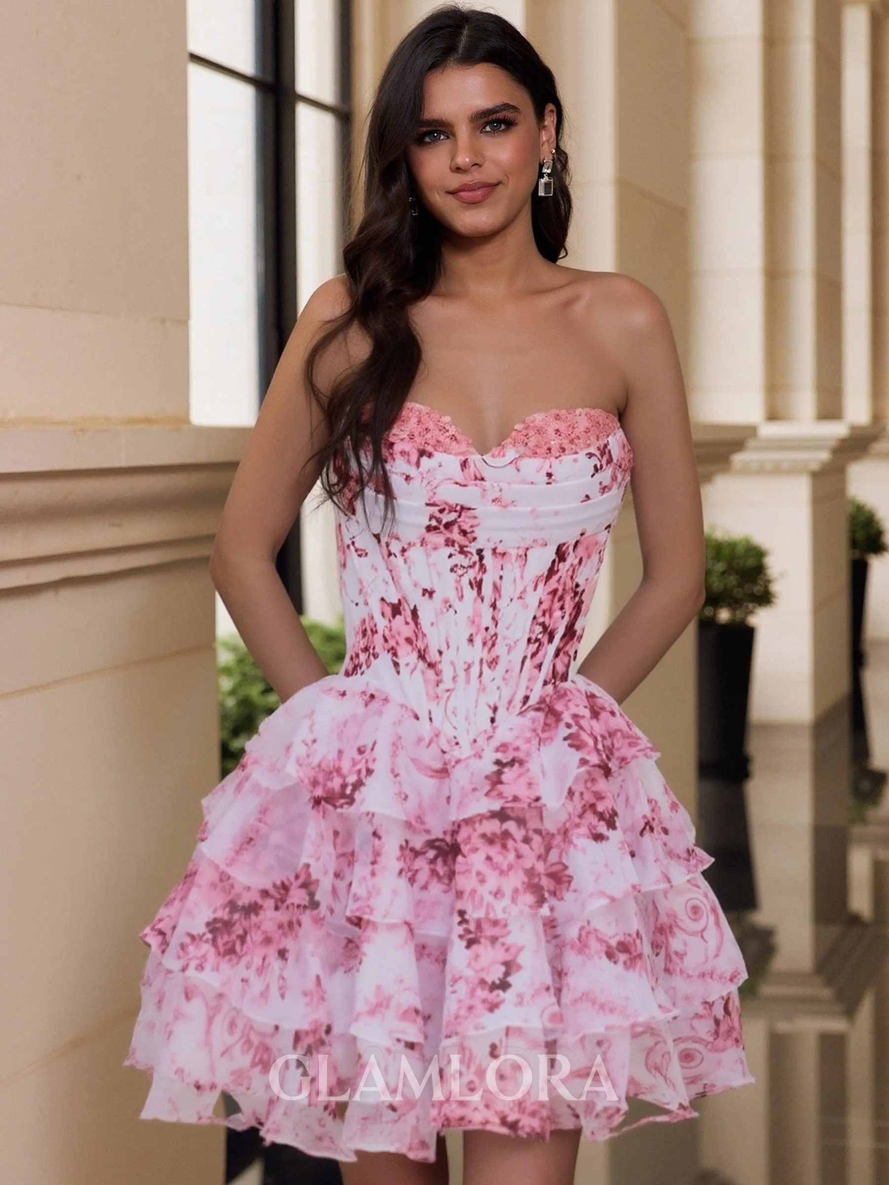 Mesmerizing A-Line Sweetheart Cascading Ruffles Short/Mini Corset Homecoming Dress