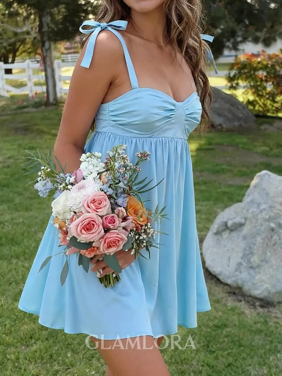 Trendy A-line Straps Pleated Short/Mini Silk Like Satin Homecoming Dress