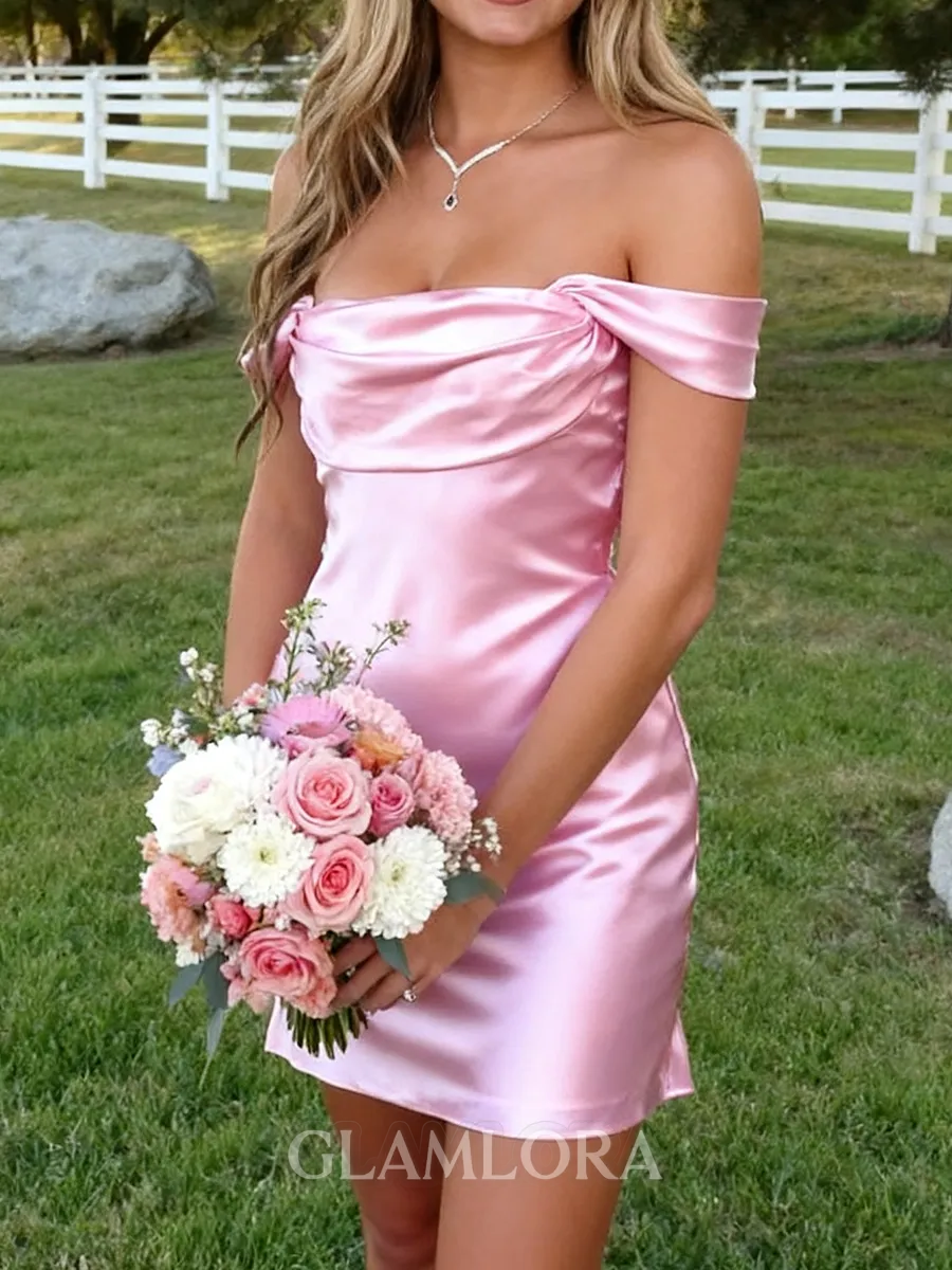 Glam Sheath Off-the-Shoulder Pleated Short/Mini Silk Like Satin Homecoming Dress