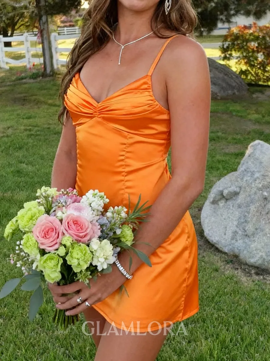 Unique Sheath Spaghetti Straps Pleated Short/Mini Silk Like Satin Homecoming Dress