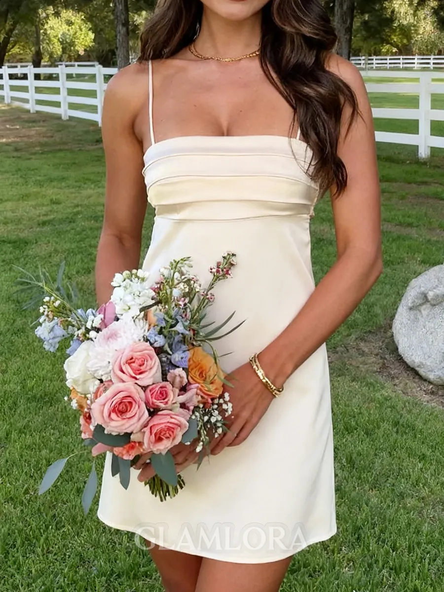 Charming Sheath Spaghetti Straps Pleated Short/Mini Silk Like Satin Homecoming Dress