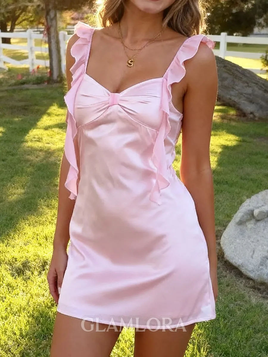 Stunning Sheath Straps Ruffles Short/Mini Silk Like Satin Homecoming Dress