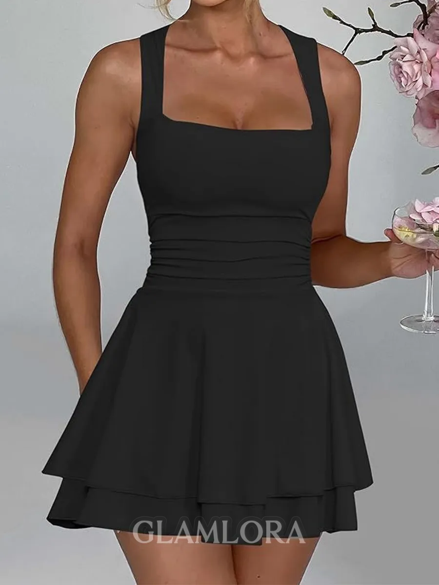 Unique A-line Square Cascading Ruffles Short/Mini Stretch Crepe Homecoming Dress