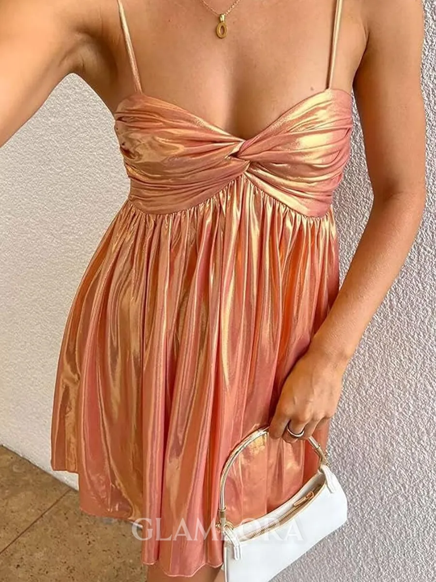 Charming A-line Spaghetti Straps Pleated Short/Mini Metallic Satin Homecoming Dress