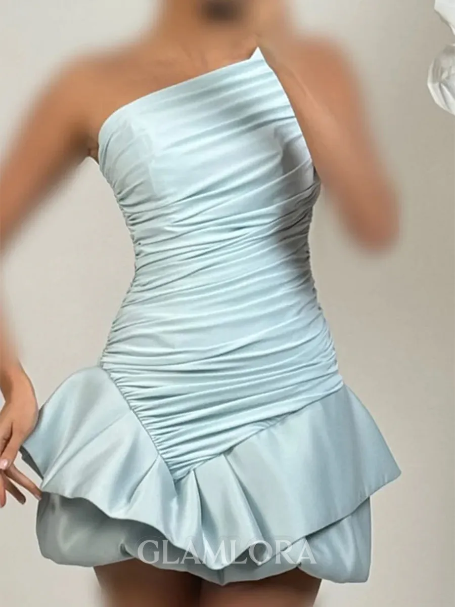 Glamorous A-line One-Shoulder Pleated Short/Mini Satin Corset Homecoming Dress