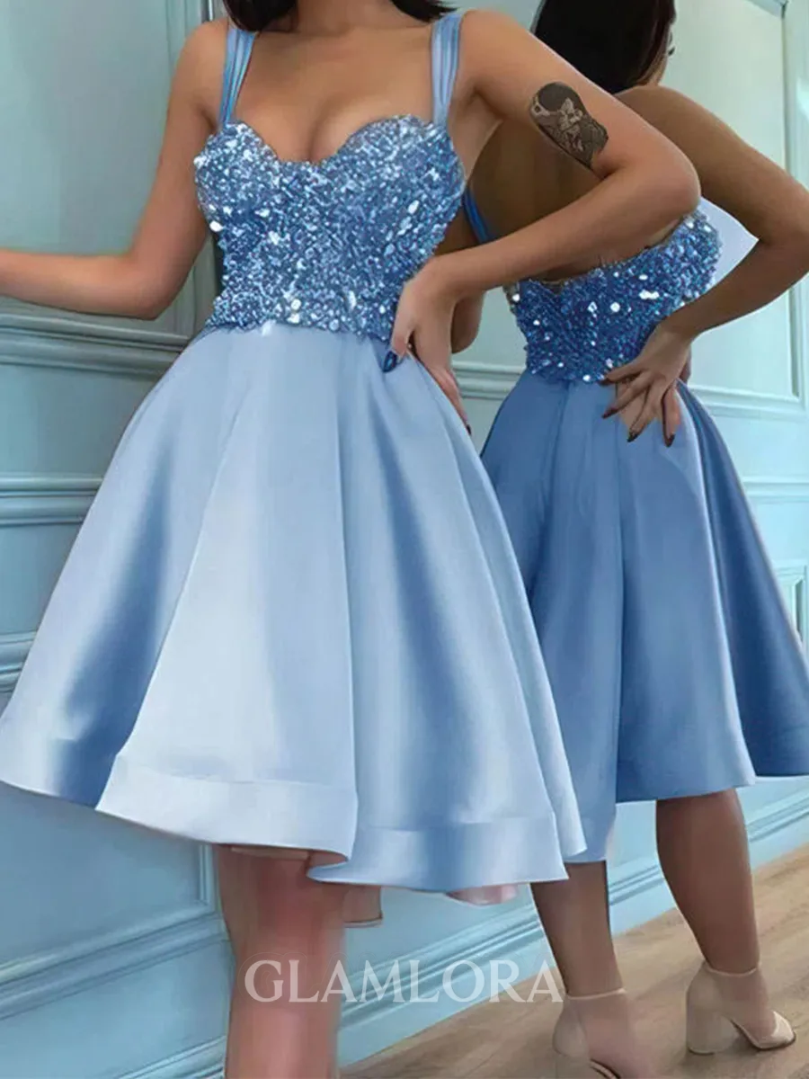 Extravagant A-line Sweetheart Sequin Short/Mini Satin Corset Homecoming Dress