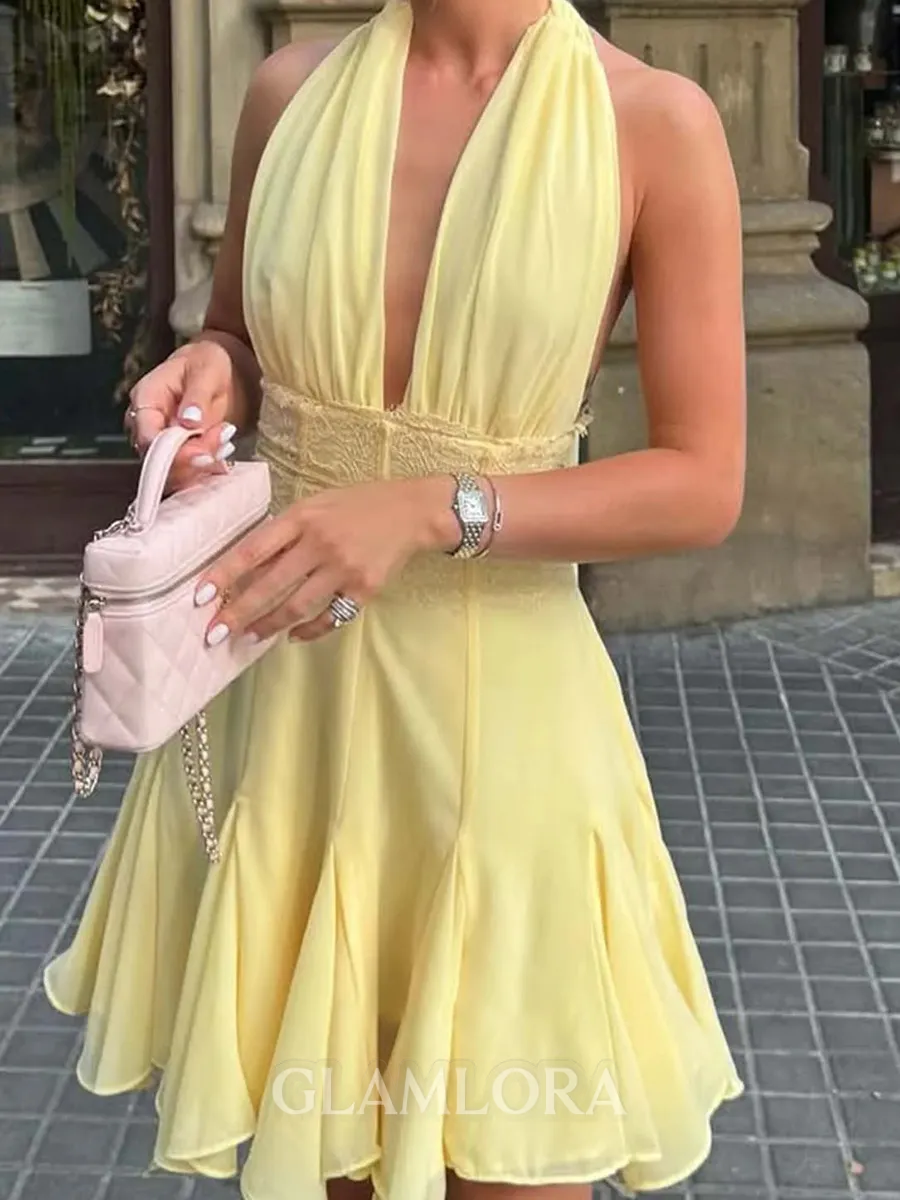 Hermosos A-line Halter Appliques Lace Short/Mini Chiffon Homecoming Dress