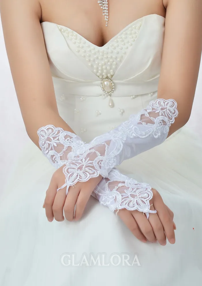 Stunning Beading Lace Satin Wedding Gloves