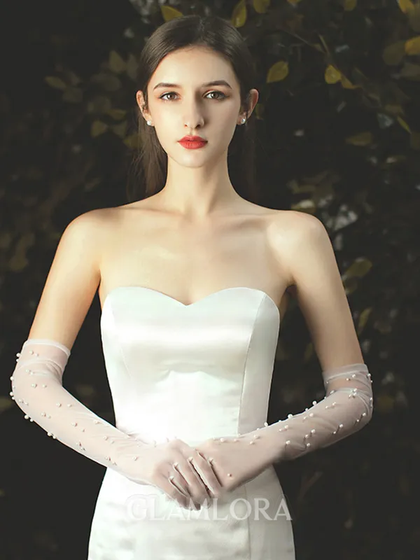 Fancy Tulle With Pearl Opera Length Wedding Gloves