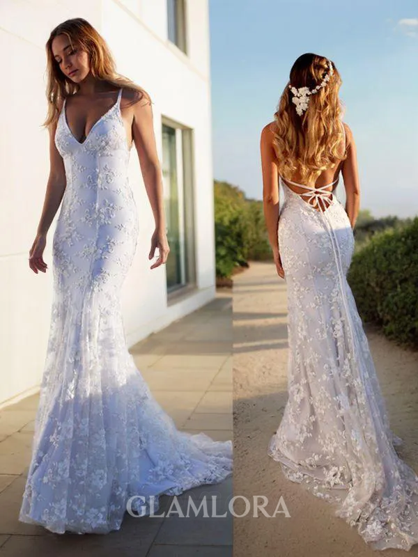 Flattering Trumpet/Mermaid Spaghetti Straps Sleeveless Court Train Lace Wedding Dress