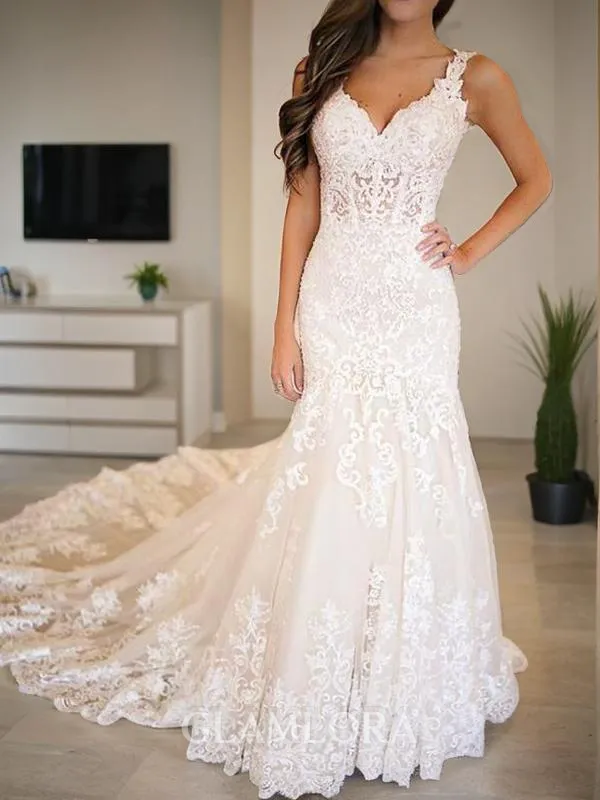 Trumpet/Mermaid V-Neck Fitted Sleeveless Chapel Train Tulle Wedding Dress With Applique