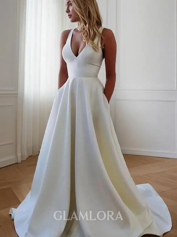 A-line V-Neck Sleeveless Sweep Train Charming Stretch Crepe Wedding Dress With Ruffles