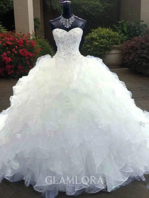 Ball-Gown Sweetheart Sleeveless Cathedral Train Organza Cute Wedding Dress With Beading