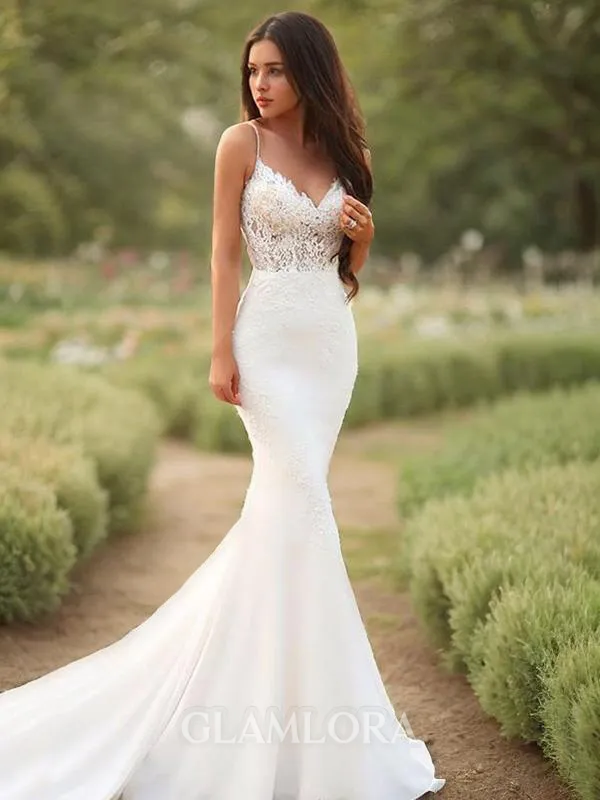Flattering Trumpet/Mermaid Spaghetti Straps Sleeveless Court Train Stretch Crepe Wedding Dress With Applique
