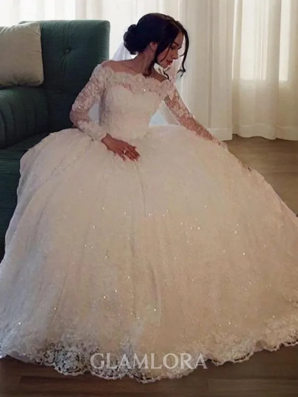 Ball-Gown Gorgeous Bateau Long Sleeves Floor-Length Lace Wedding Dress
