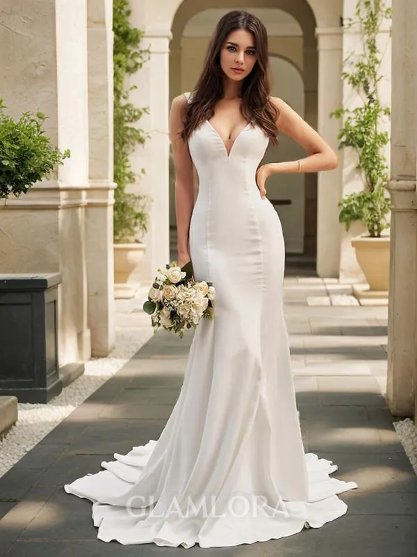 Trumpet/Mermaid V-Neck Sleeveless Fitted Chapel Train Stretch Crepe Wedding Dress With Ruffles