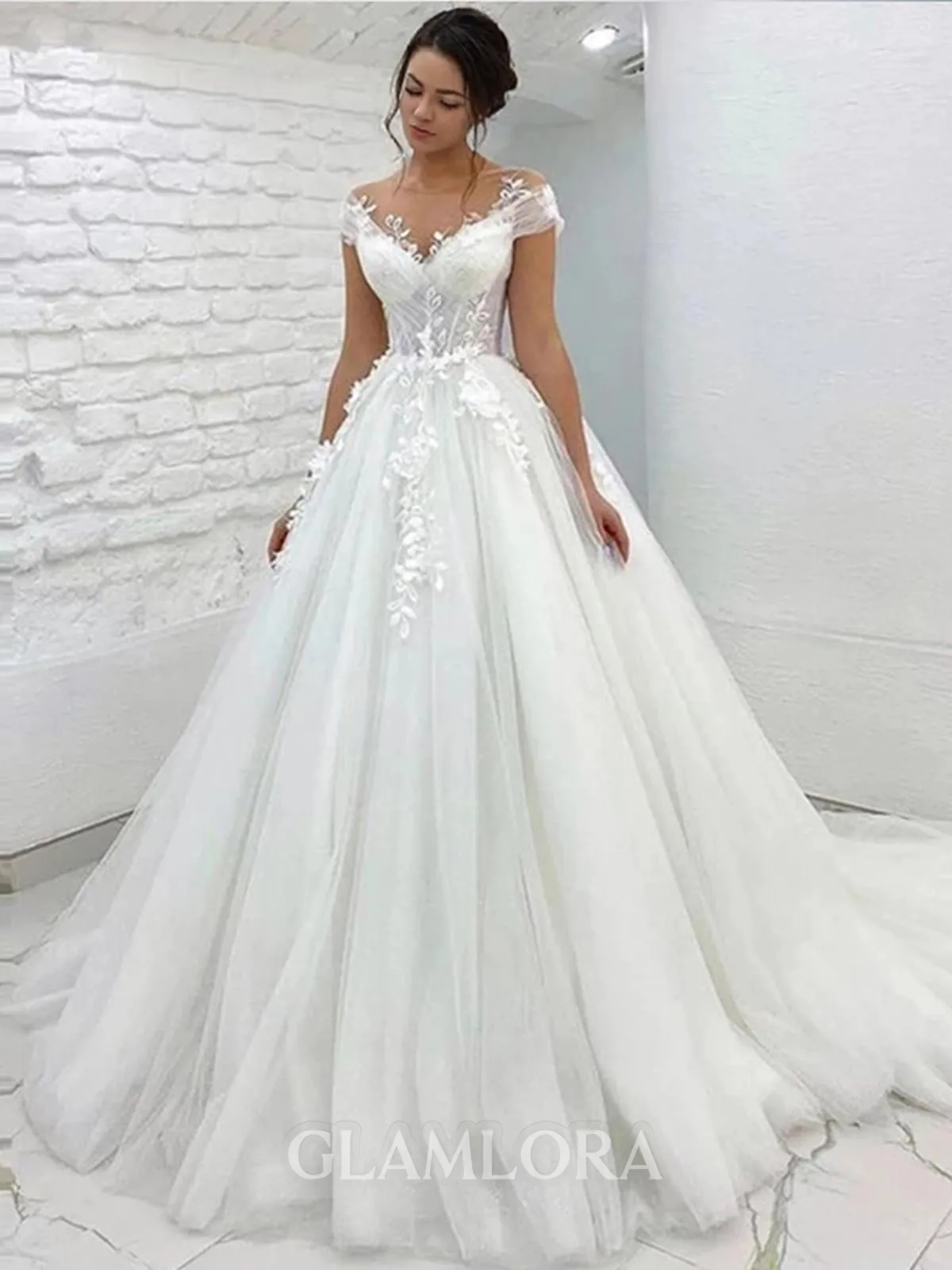 A-line Princess Scoop Short Sleeves Sweep Train Dreamy Tulle Wedding Dress