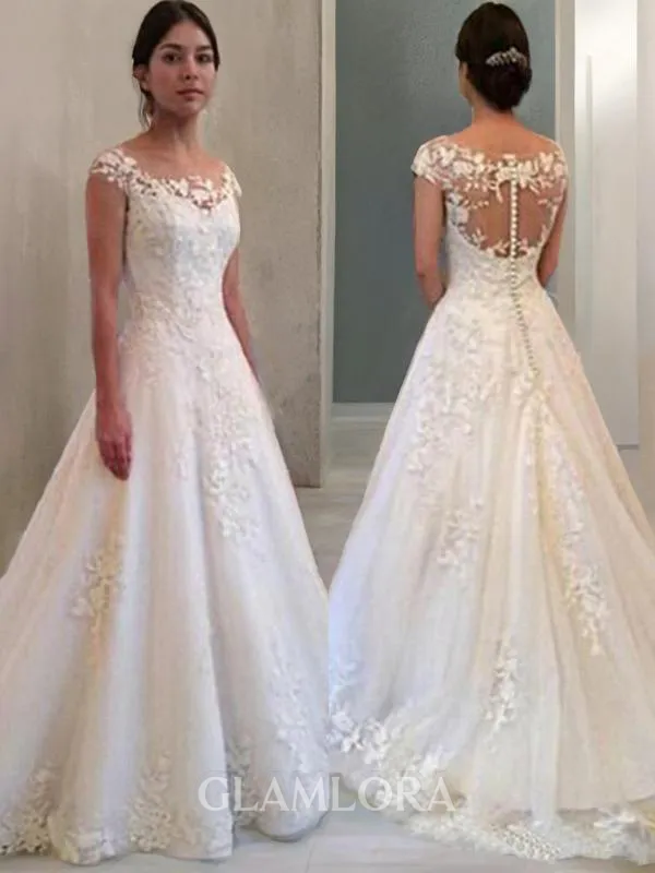 A-line Princess Scoop Sleeveless Sweep Train Perfect Tulle Wedding Dress With Lace