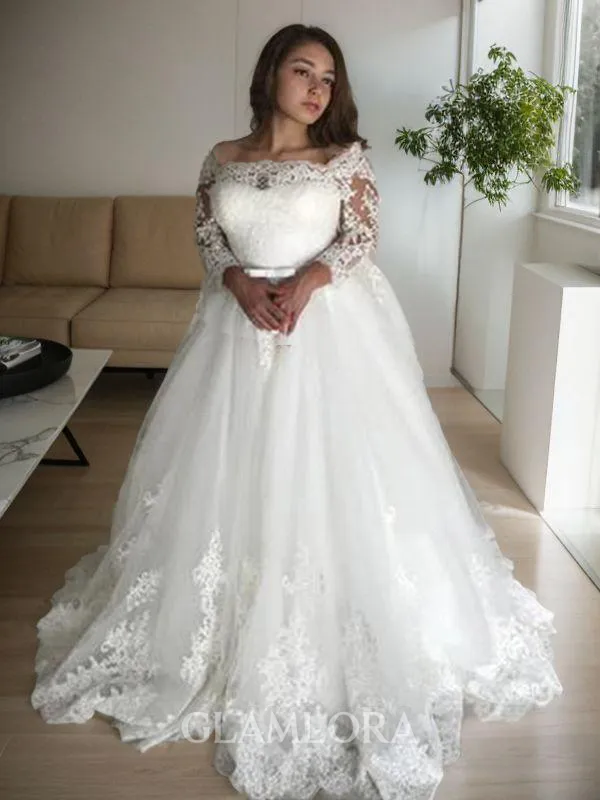 Trendy A-line Princess Off-the-Shoulder Long Sleeves Court Train Tulle Wedding Dress With Lace