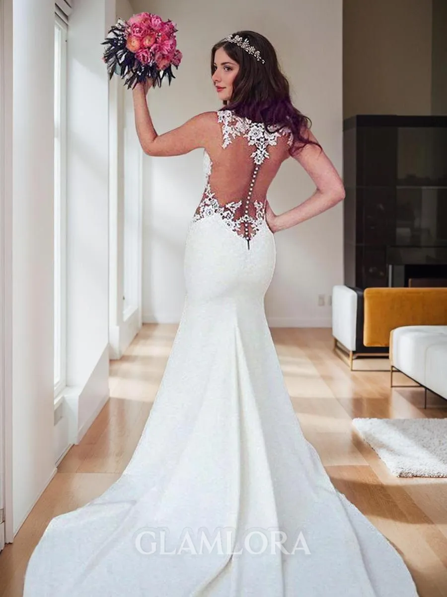 Trumpet/Mermaid Curvaceous Scoop Sleeveless Sweep Train Stretch Crepe Wedding Dress With Applique