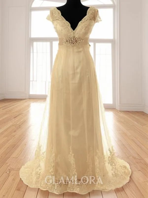 A-line Princess V-Neck Short Sleeves Sweep Train Fashion Tulle Wedding Dress With Sash