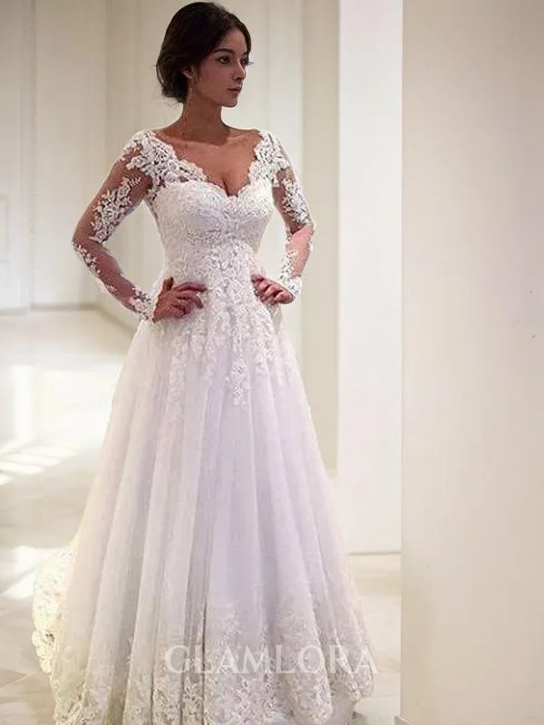 Ball-Gown Princess V-Neck Long Sleeves Court Train Pretty Tulle Wedding Dress With Lace