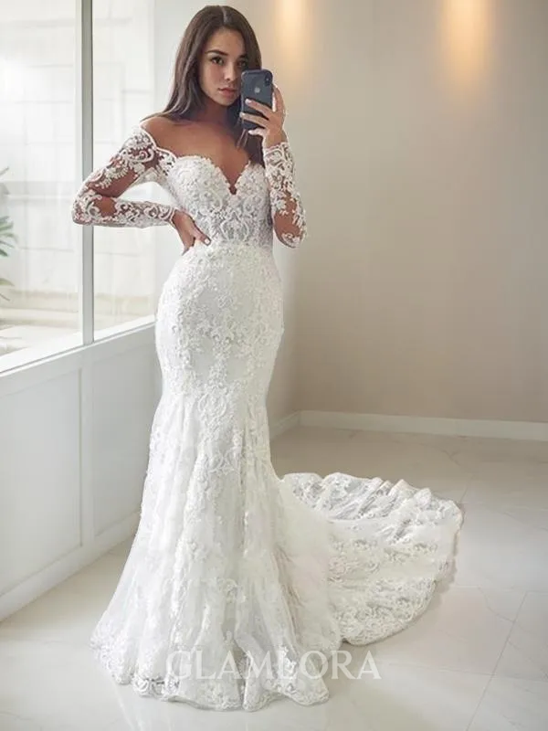 Dramatic Trumpet/Mermaid Off-the-Shoulder Long Sleeves Chapel Train Tulle Wedding Dress With Applique