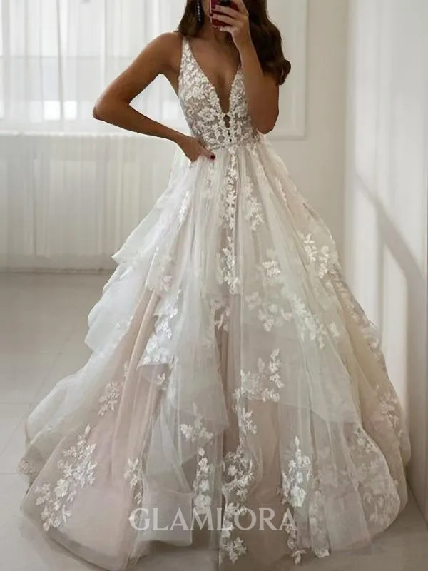 A-line Princess Glam V-Neck Sleeveless Floor-Length Tulle Wedding Dress With Applique