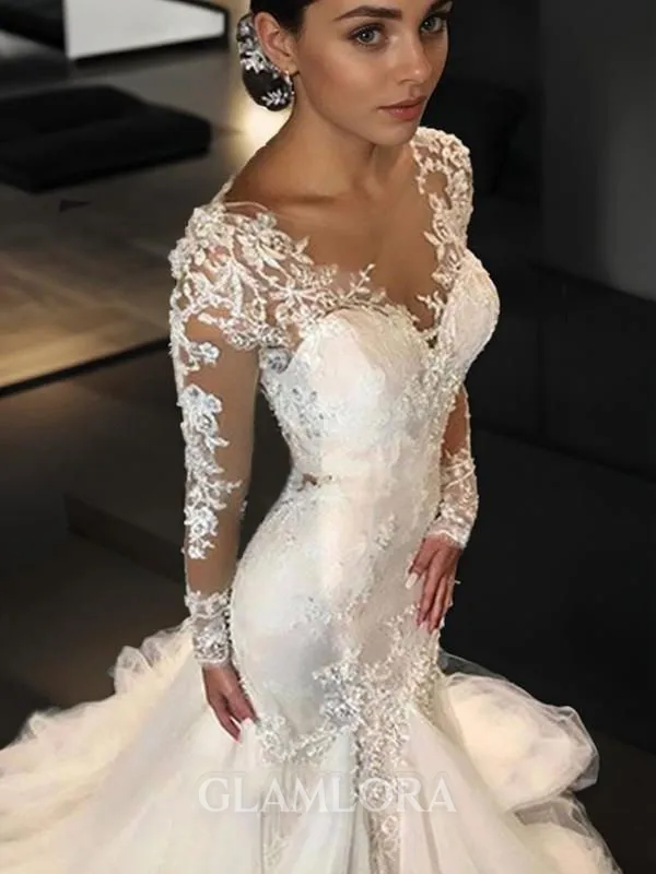 Trumpet/Mermaid V-Neck Long Sleeves Chapel Train Seductive Open Back Tulle Wedding Dress With Lace