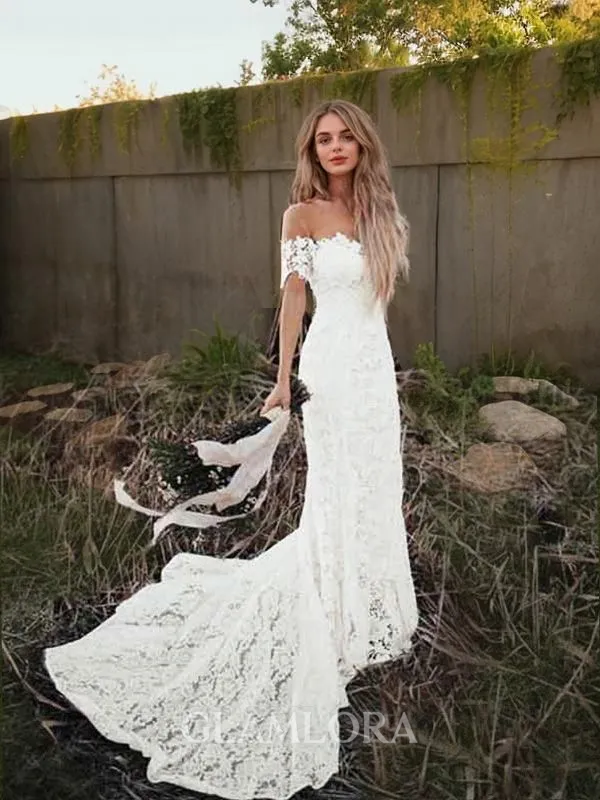 Trumpet/Mermaid Off-the-Shoulder Short Sleeves Court Train Lace Sophisticated Wedding Dress With Applique