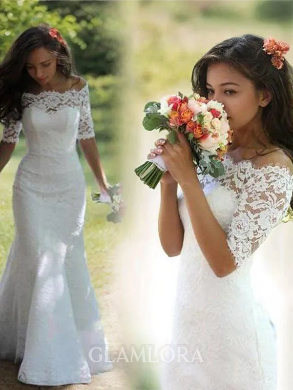 Trumpet/Mermaid Off-the-Shoulder 1/2 Sleeves Court Train Show-stopping Lace Wedding Dress