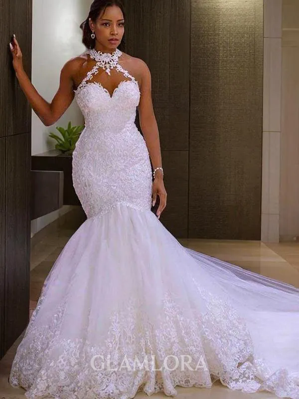 Trumpet/Mermaid Halter Sleeveless Sweep Train Sensual Tulle Wedding Dress