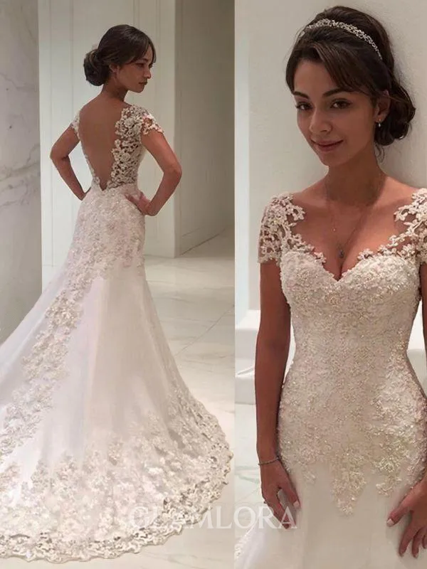 Trumpet/Mermaid Sweetheart Short Sleeves Court Train Open Back Lace Flair Wedding Dress