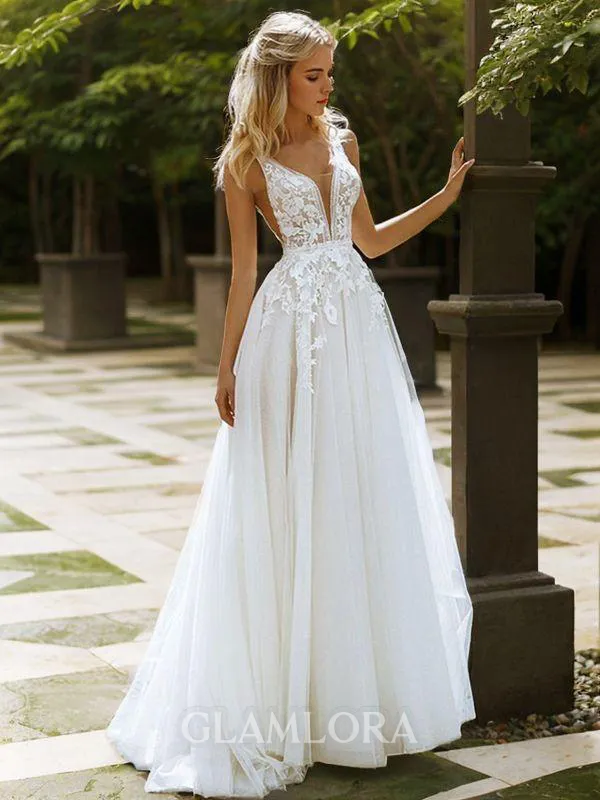 A-line Princess V-Neck Sleeveless Sweep Train Exquisite Tulle Wedding Dress