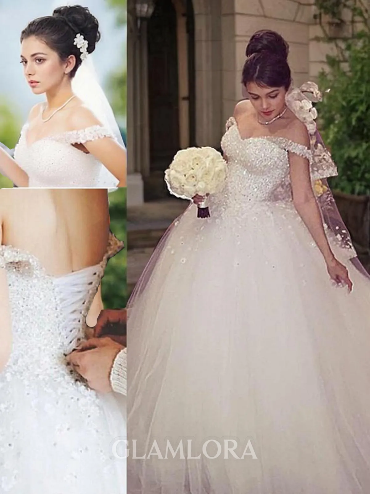 Ball-Gown Princess Off-the-Shoulder Grand Sleeveless Court Train Tulle Wedding Dress With Lace