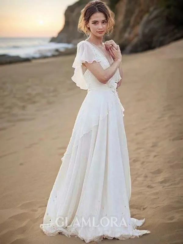 A-line V-Neck Short Sleeves Flattering Floor-Length Chiffon Wedding Dress With Ruched