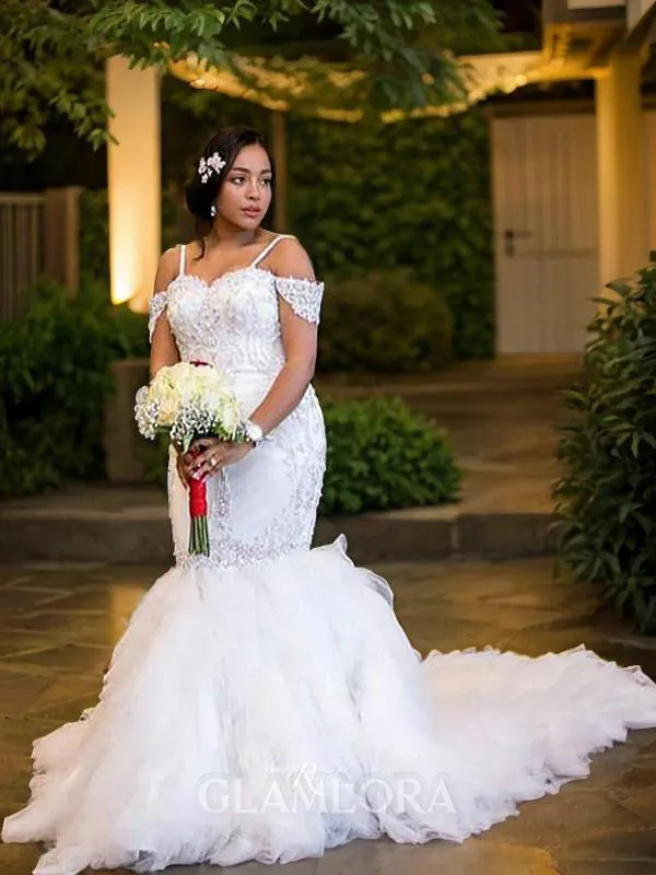 Trumpet/Mermaid Off-the-Shoulder Sleeveless Chapel Train Figure-hugging Tulle Wedding Dress With Beading