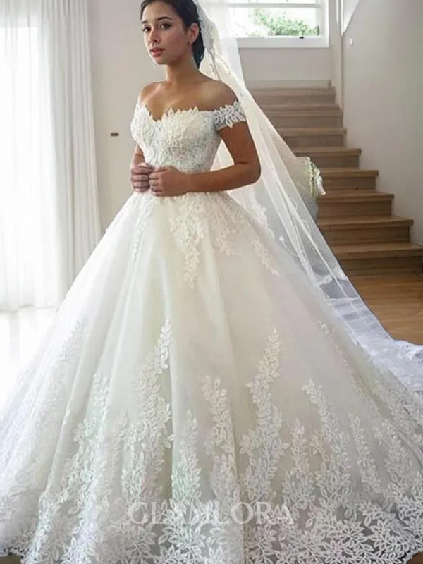 Ball-Gown Princess Off-the-Shoulder Sleeveless Sweep Train Tulle Fairy-tale Wedding Dress With Lace