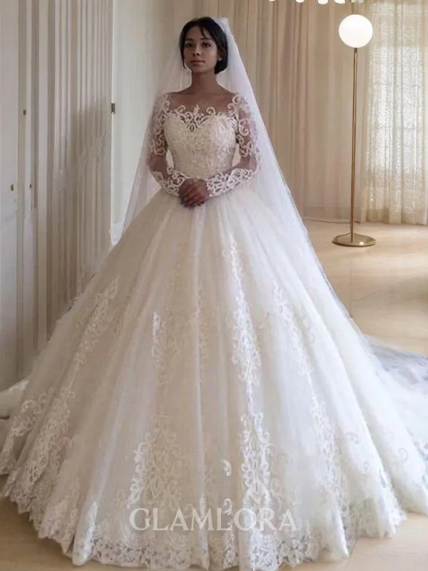Ball-Gown Princess Enchanting Off-the-Shoulder Long Sleeves Sweep Train Tulle Wedding Dress With Applique