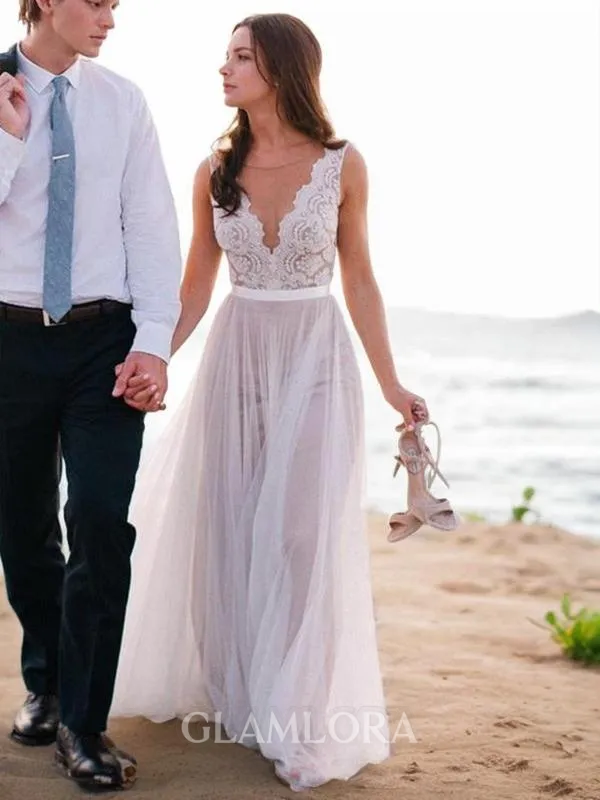 A-line Princess Scoop Sleeveless Graceful Sweep Train Tulle Wedding Dress With Lace