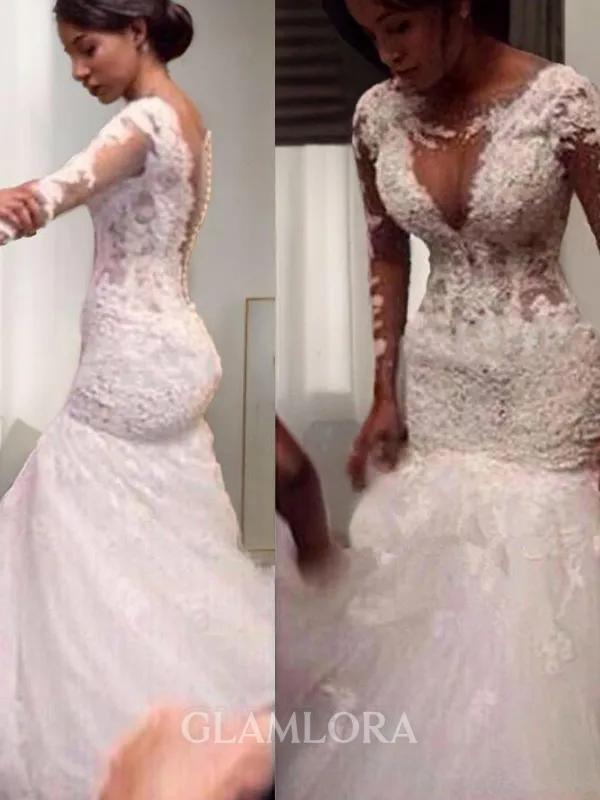 Trumpet/Mermaid V-Neck Long Sleeves Floor-Length Tulle Enchanting Wedding Dress With Lace