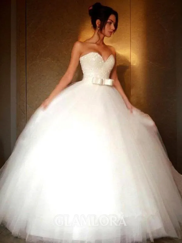 Graceful Ball-Gown Princess Sweetheart Sleeveless Floor-Length Tulle Wedding Dress With Bowknot